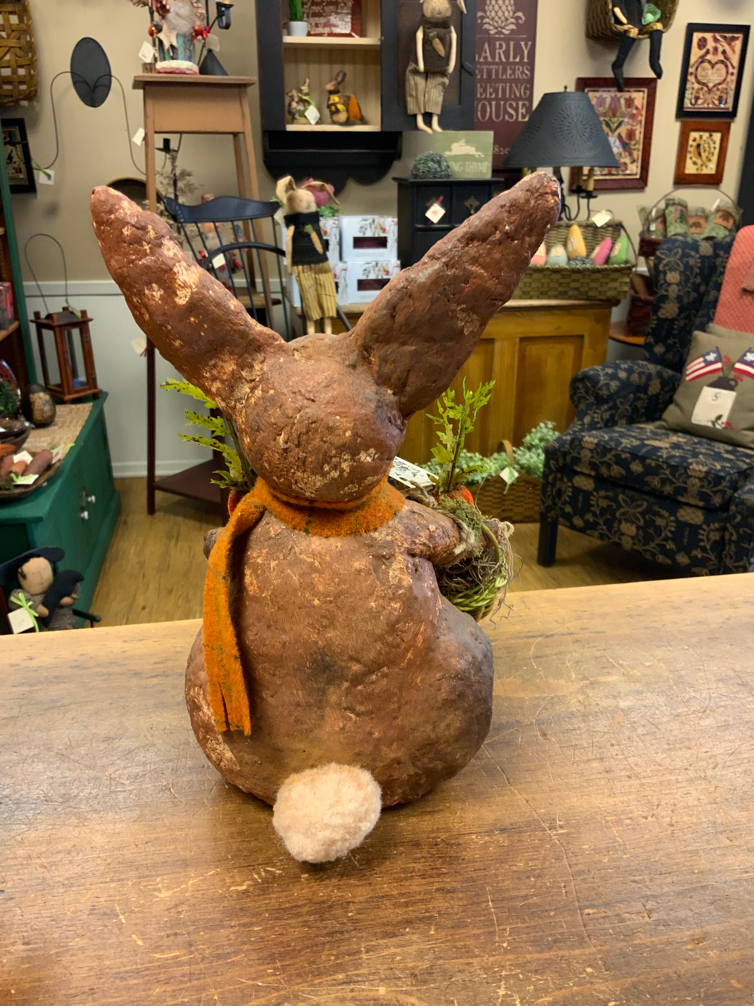 Krisnick Folk Art Chalkware Large Bunny with Green Basket and