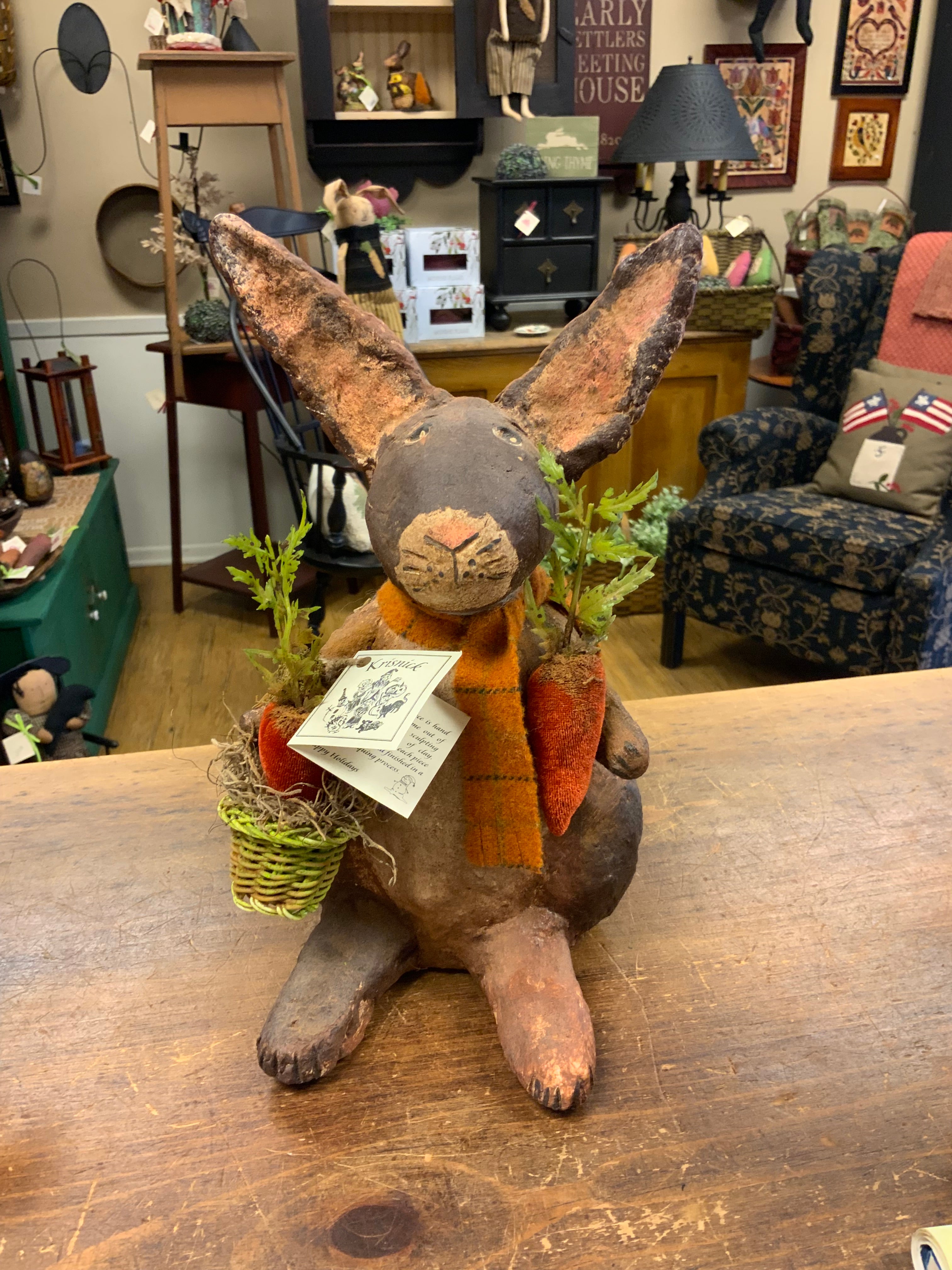 Krisnick Folk Art Chalkware Large Bunny with Green Basket and